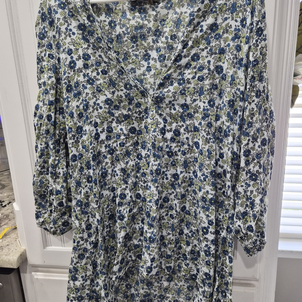 Chaudry Floral V-Neck Tunic Top in Blue & Olive
